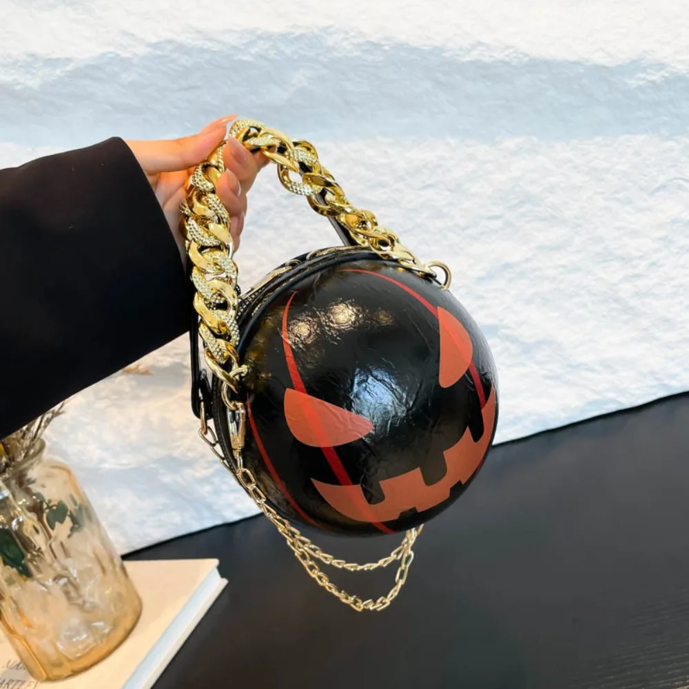 Personalized PU Leather Pumpkin Round Bag 3D Alloy Halloween Ball Bag Solid Color Waterproof Ghost Chain Handbag Women