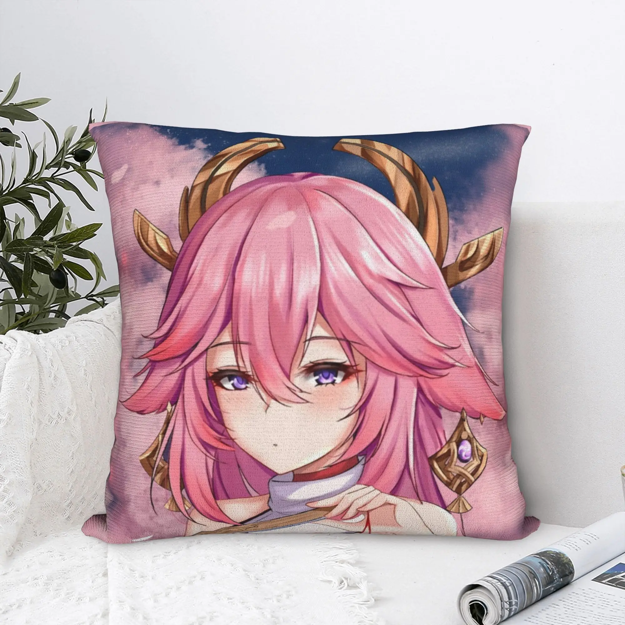 Yae Miko Genshin Impact Pillowcase Printed Polyester Cushion Cover Gift Waifu Anime Throw Pillow Case Cover Home Drop Shipping