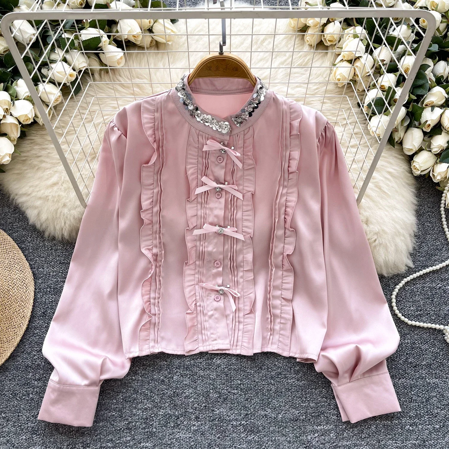 Hotsweet Stand Collar Sexy Long Sleeve Chic Sequins Single Breasted Loose Satin Top Fashion Streetwear High Street Autumn Blouse