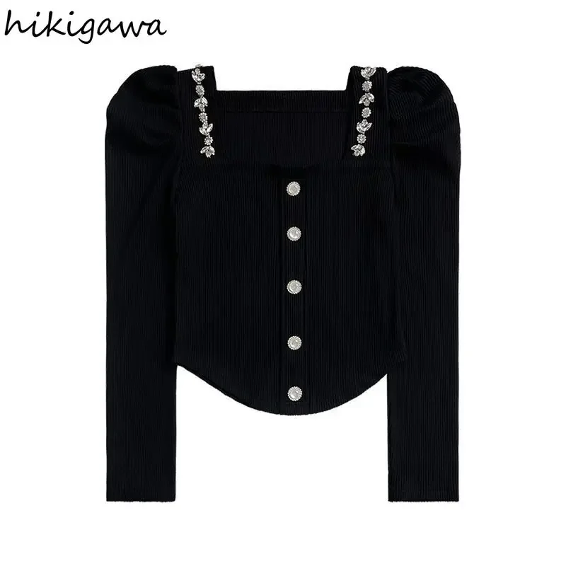 Vintage Camisas De Mujer Temperament Black Blouses for Women Square Collar Diamond Tunic Shirts Puff Sleeve Korean Blouse Tops