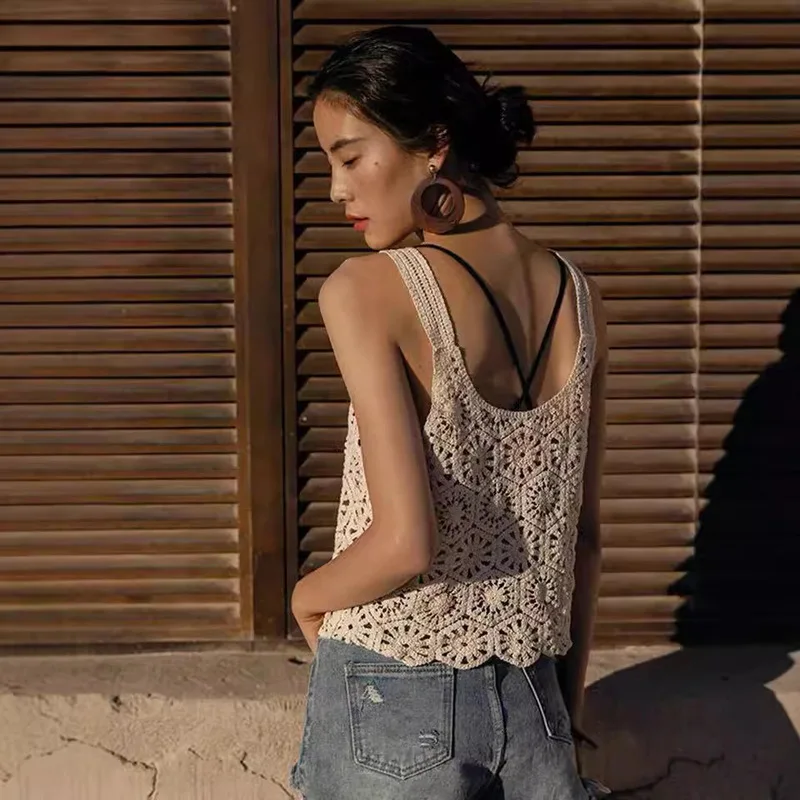 Top Corto Vintage da Donna all'Uncinetto, Stile Boho, con Motivo Floreale Traforato, Canotta Estiva da Spiaggia Senza Maniche