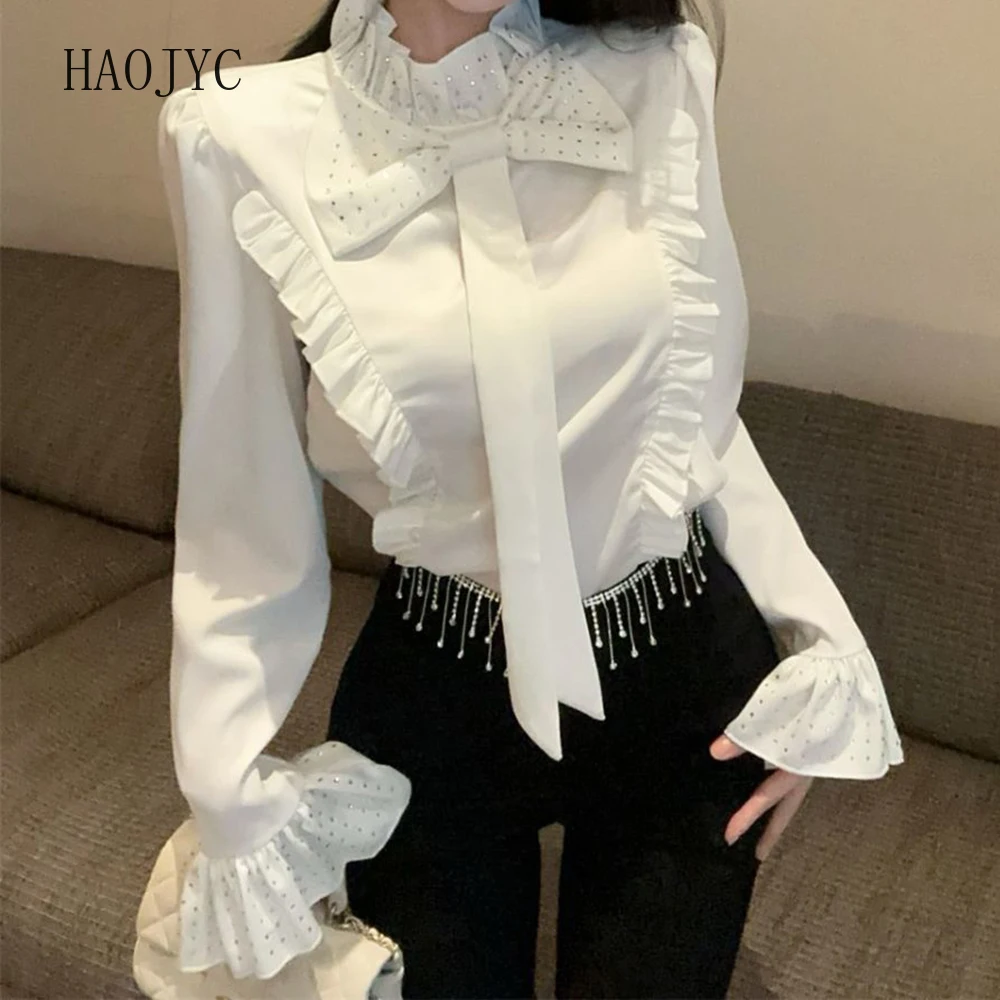 

hot diamond satin shirt women's early spring bow semi-turtleneck top ruffle edge court shirt