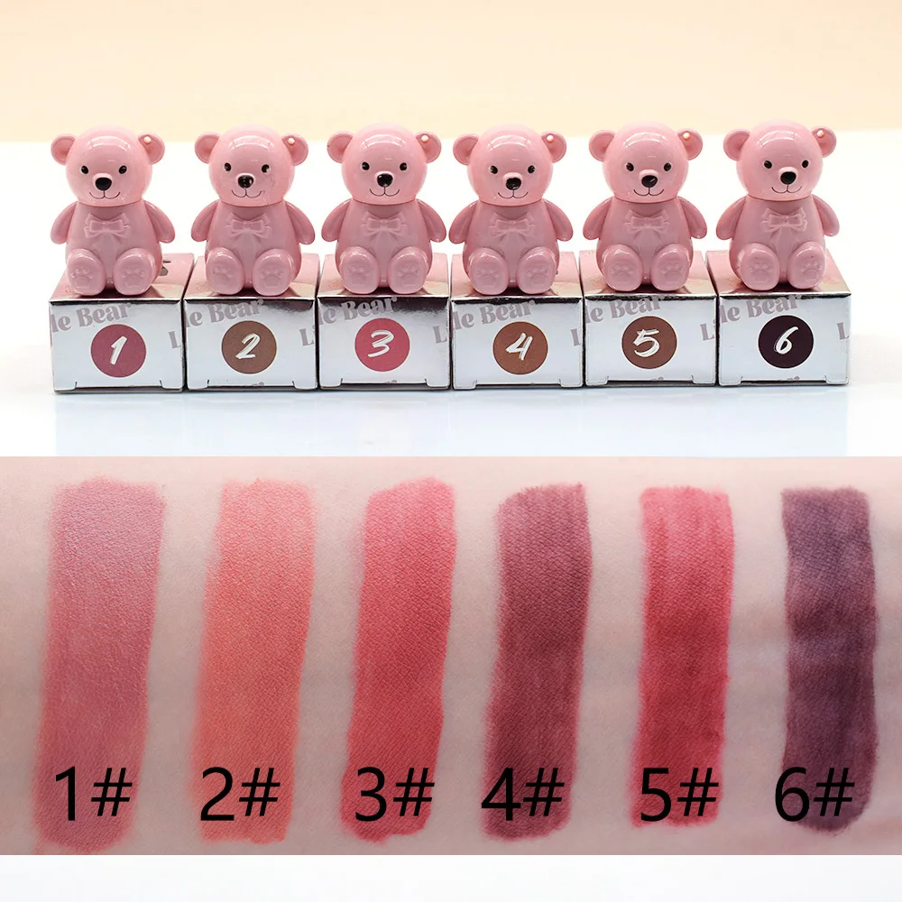 

6Pcs/Lot Pink Bear Keychain Matte Liquid Lipstick Waterproof Long Lasting Lip Gloss Lip Glaze Makeup Korea Cosmetics Wholesale