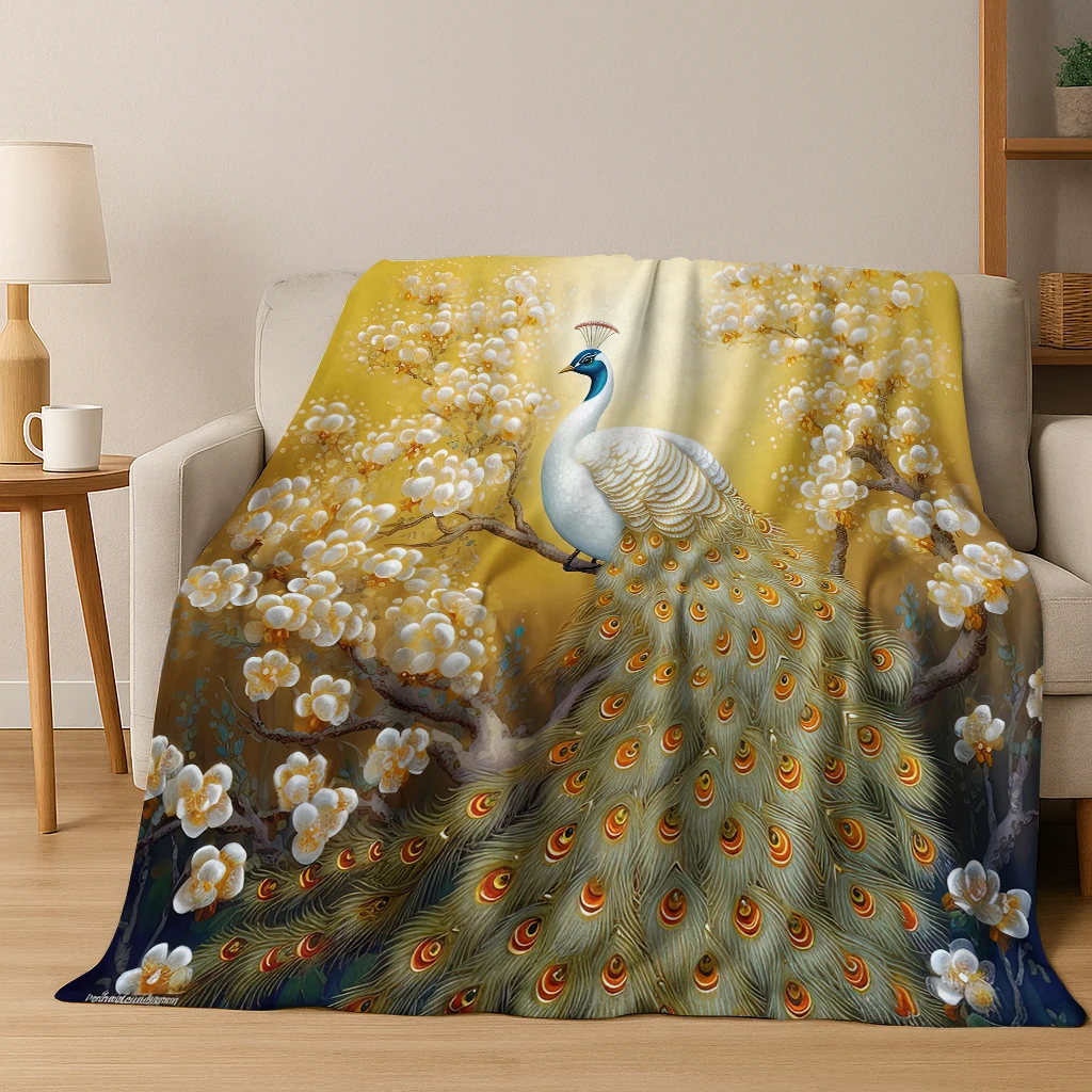 Exquisite Pfauen-Vogel-Tier-Flanelldecke, weiche warme Decke für Schlafzimmer, Wohnzimmer, Büro, Reisen, Camping, Picknick, Geschenk