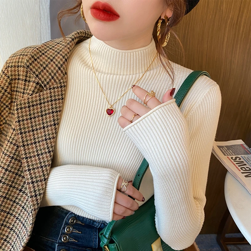 

Knitted Sweater Women Pullovers Sweaters New Black Long Sleeve Knit Sweater Pullover Women Tops Mock Neck Sueters De Mujer Q3242