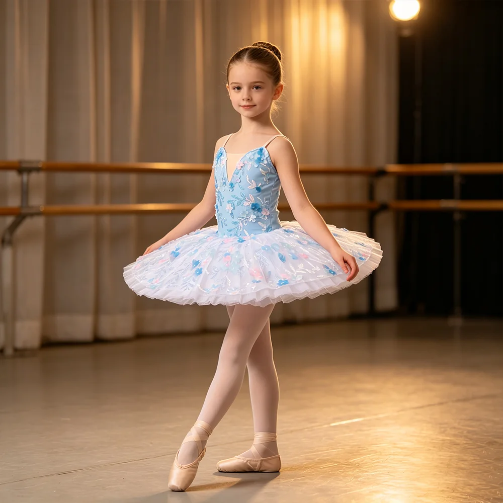 Robe de tutu de ballet professionnelle pour filles, bleue, à fleurs, avec paillettes, en tulle, costume de performance pour enfants, compétition et scène
