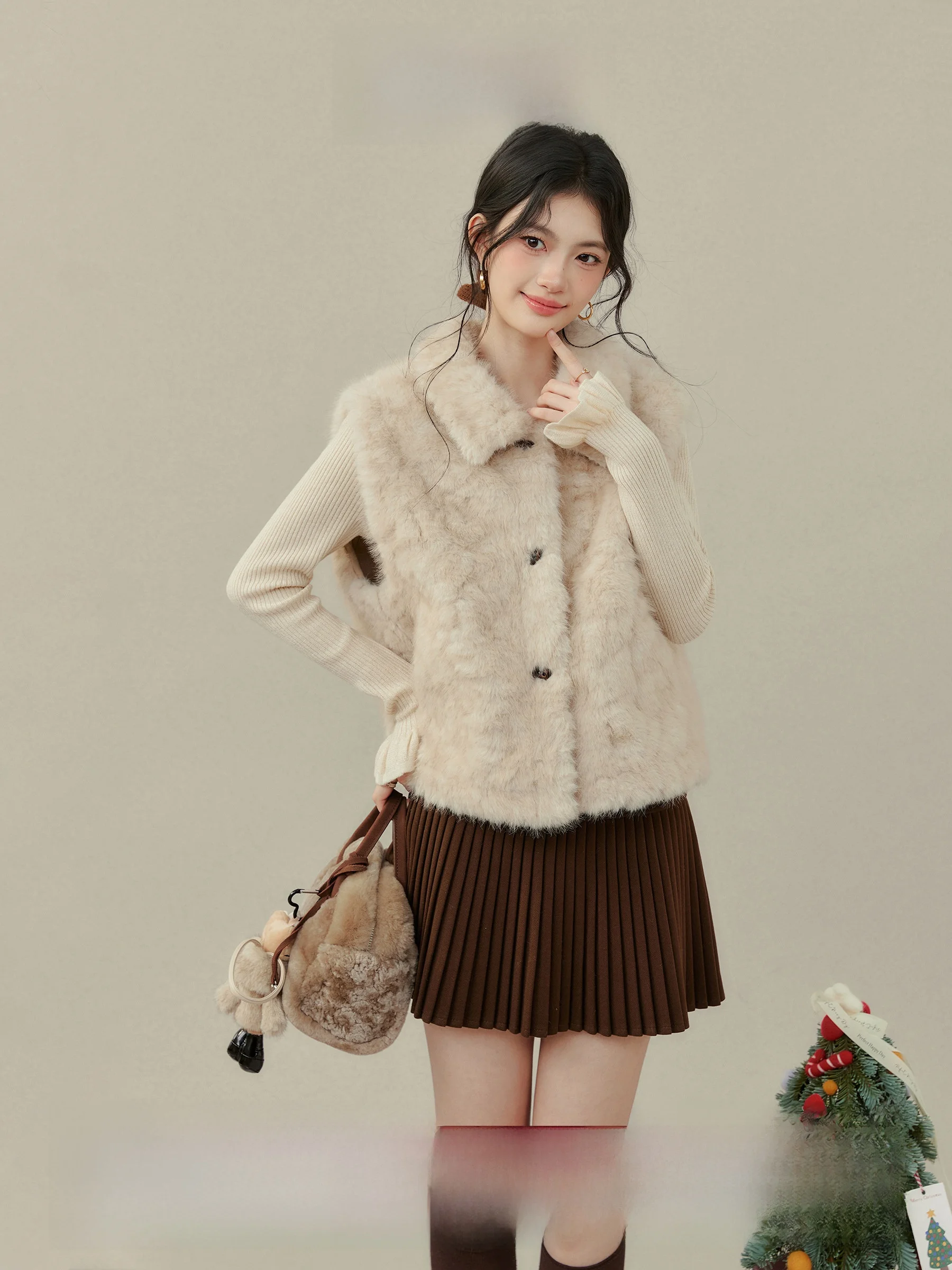 

Loose Stand Collar Faux Fur Vest Outerwear by Ou Yang Xi Autumn Winter Light Brown ort Length Single Button Closure Cardigan