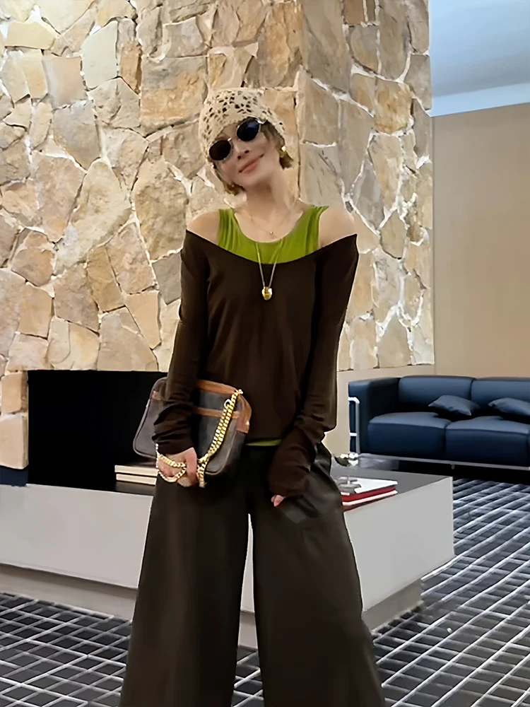 

Корейский модный вязаный комплект: жилет и топ на одно плечо, женский свободный повседневный комплект, облегающий, осенний, новый тренд