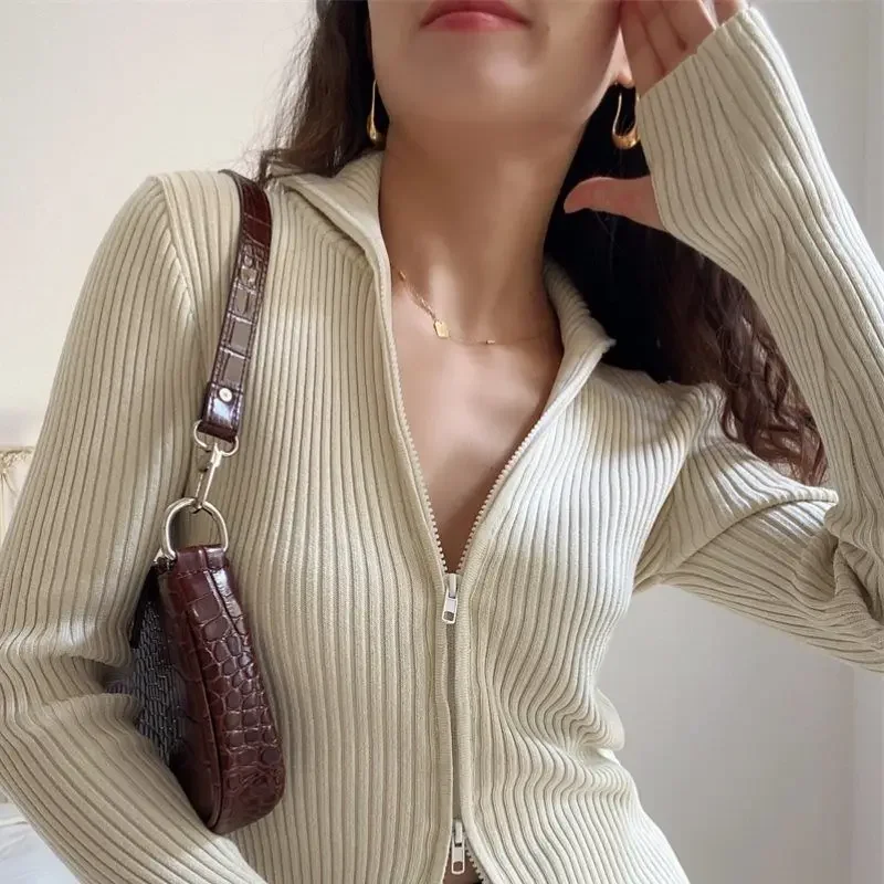 Knitwear Women Cardigan Coat Temperament Vintage Sueter Turtlenevk Double Zippers Pull Femme Autumn Casual Ribbed Sweater Tops