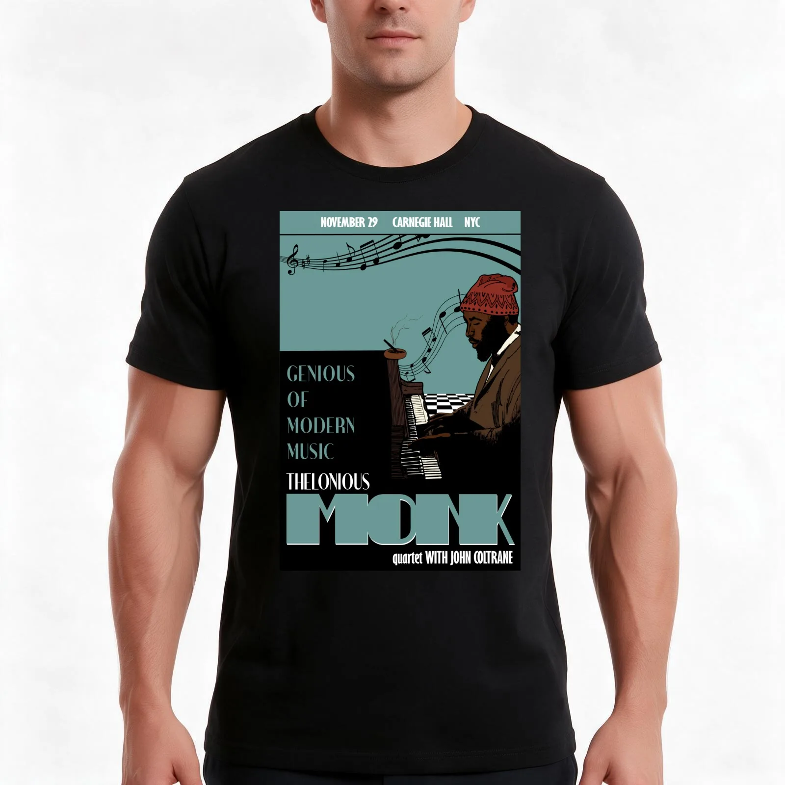 Thelonious Monk Original Jazz Art T-Shirt, Summer Casual Cotton Tee, Oversized Streetwear Tops, Vintage Graphic Print