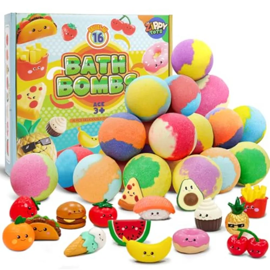 Zippytots Bath Bombs with Food Toys Inside, 16 Pack Colorful Surprise Bath Fizzies Set, Organic Fizzy Bubble Bath Bombs for Gir