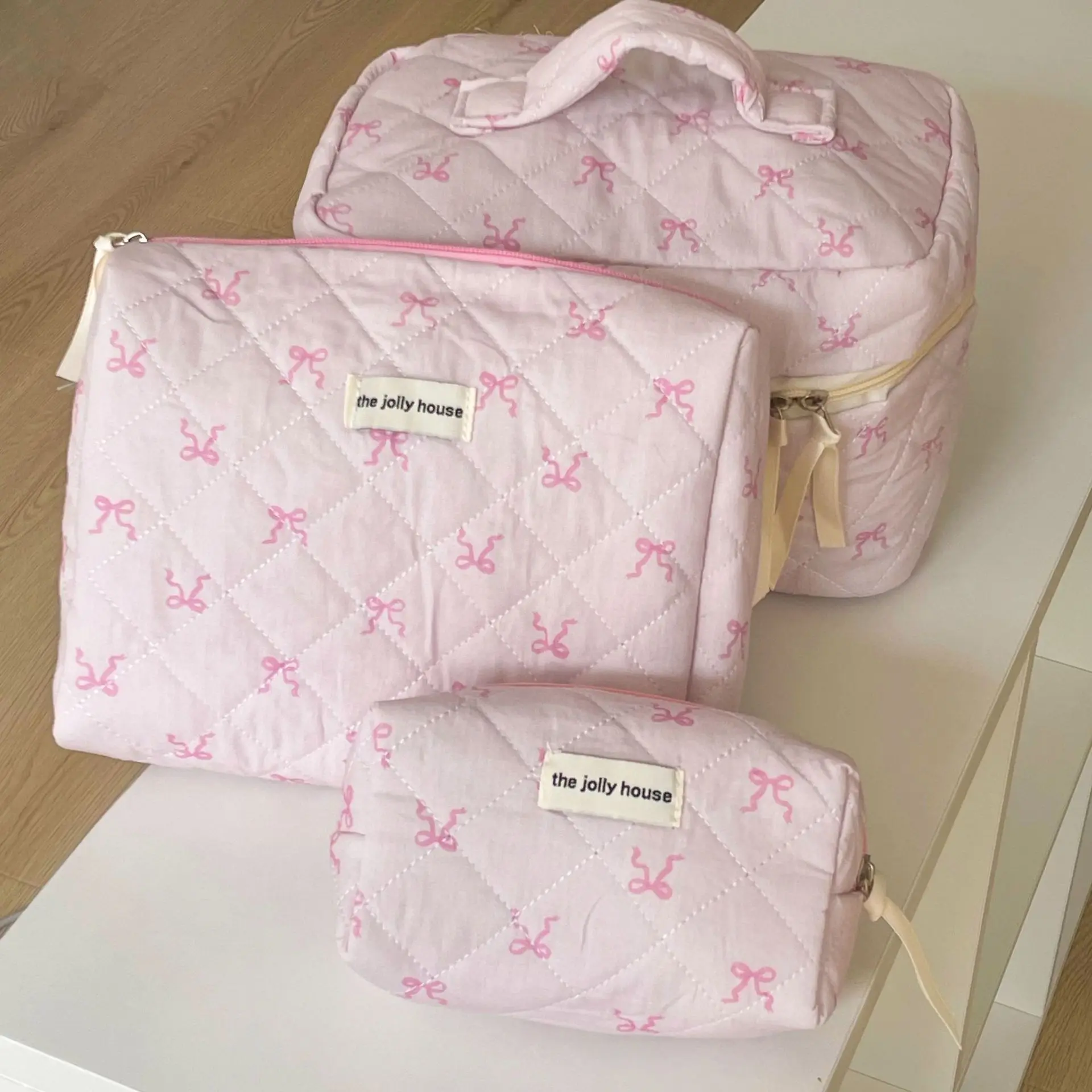 2024 Pink Bowknot Quilting Women Cosmetic Bag Portable Zipper Makeup Travel Organizer Female Handbag Toiletry Pouch For Girls