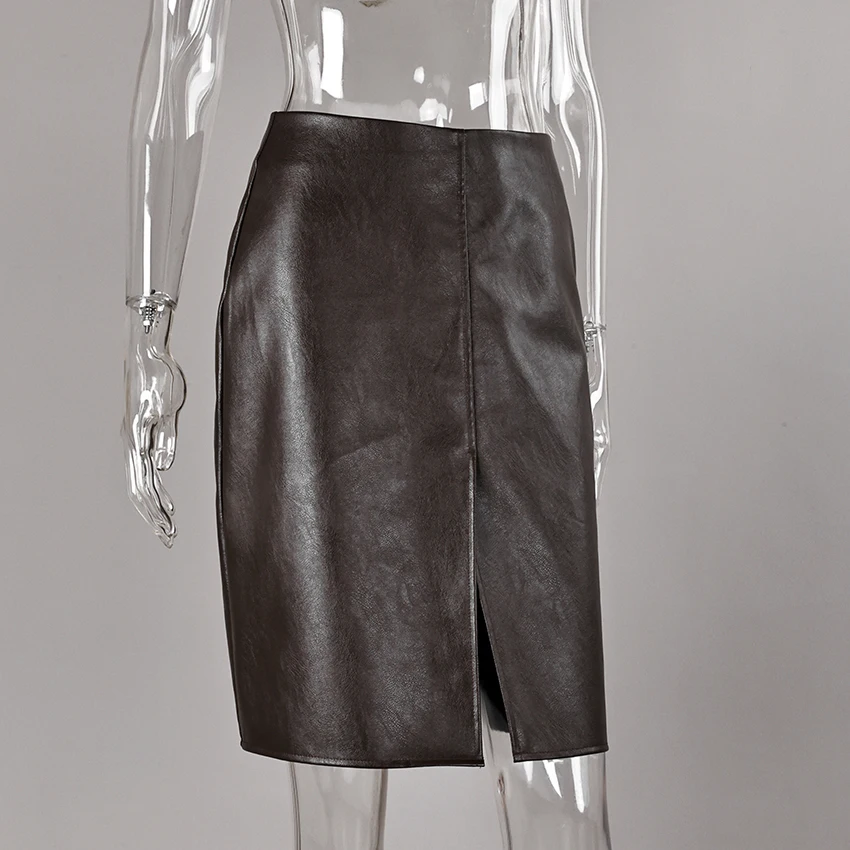 Linad Street Chic Brown PU Split Skirts Women 2026 Fashion Slim High Waist Straight Skirts Casual Knee Length Skirt Female Fall