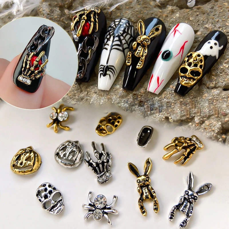 Alloy Skull Nail Charms Retro Halloween Decals Ornaments 3D Ghost Silver Classic Jewelry Nails Art Design Manicure Accessories