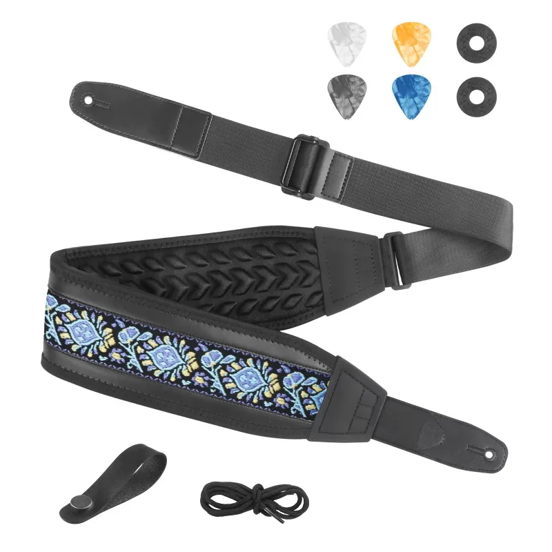

Embroidered Cotton Guitar Strap for Acoustic Guitar Electric Guitar and Bass Adjustable Length Jacquard Strap with Free Gift