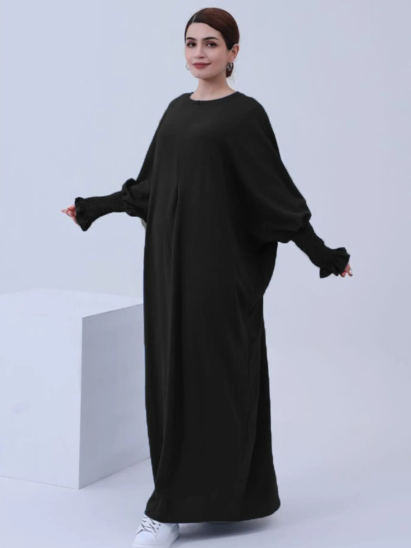 New Women Abayas Muslim Ramadan Prayer Clothing Comfortable Jalaba Solid Casual Batwing Sleeve Arab Oriental Robe Eid Djellaba