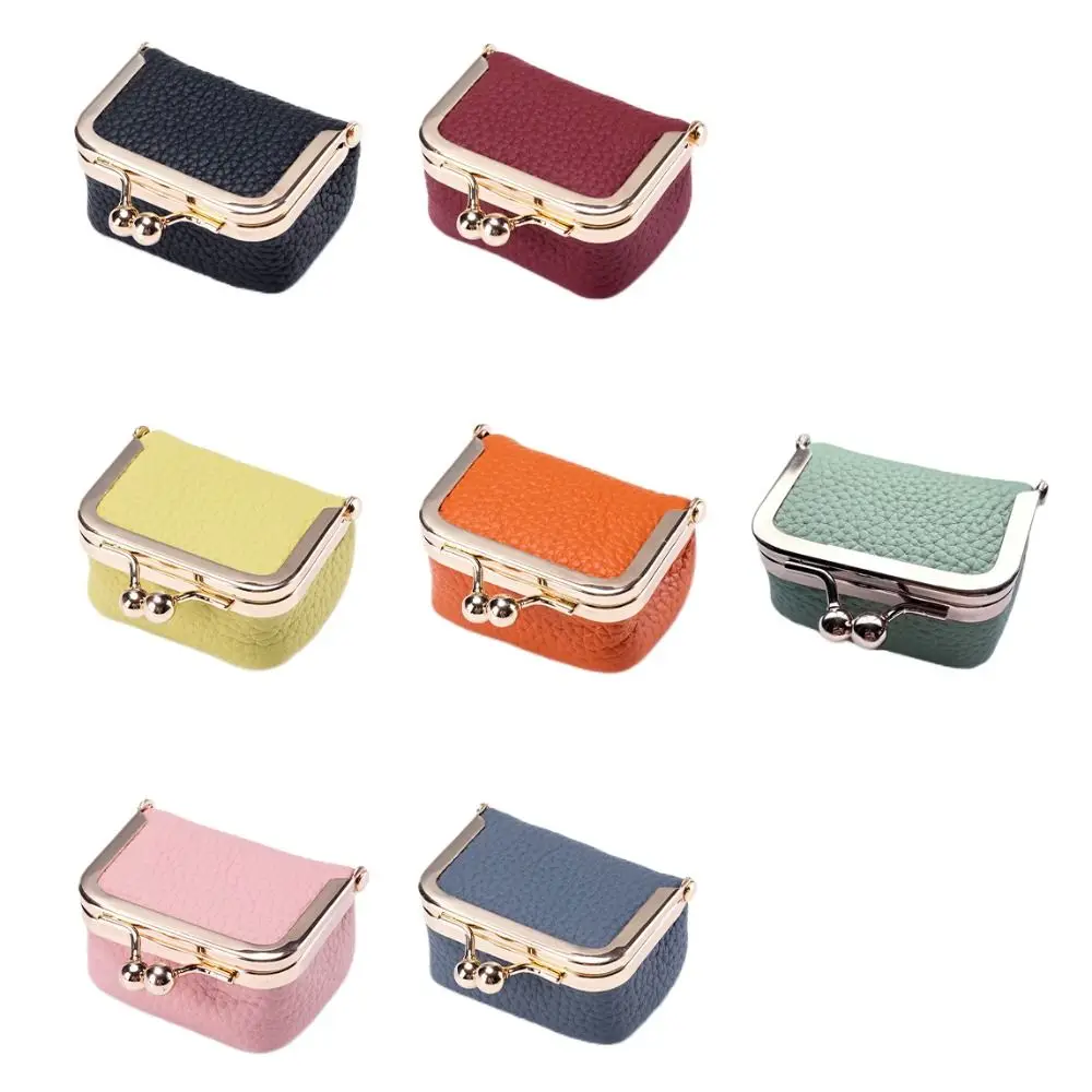 Retro Solid Color Small Wallets Genuine Leather Kiss Lock Storage Bag Mini Coin Purse