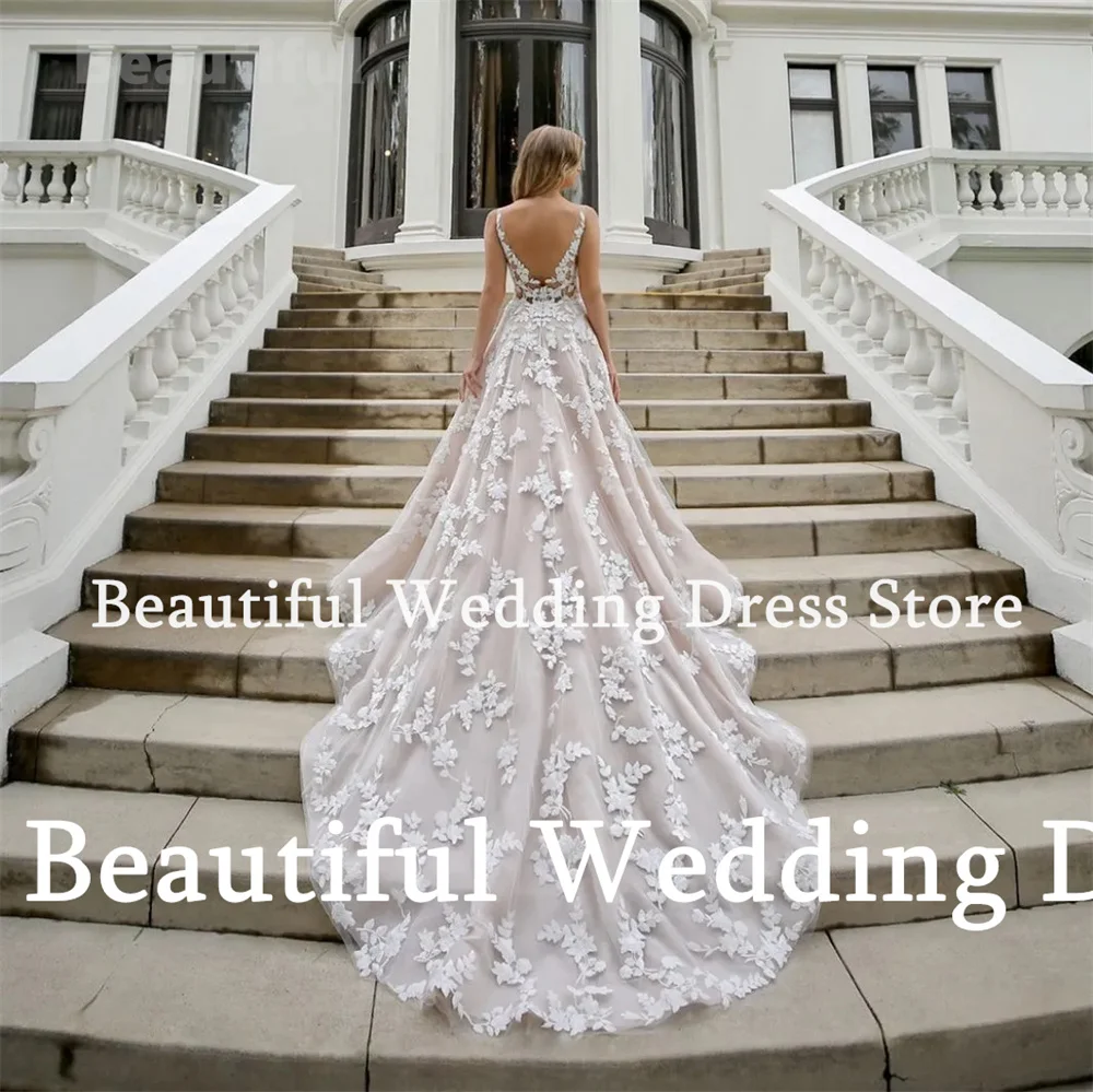 Beautiful Dress Charming Deep V-Neck Wedding Dress Floral Appliques Floor-Length Sweep Train 2024 Bridal Gown New Prom Dress