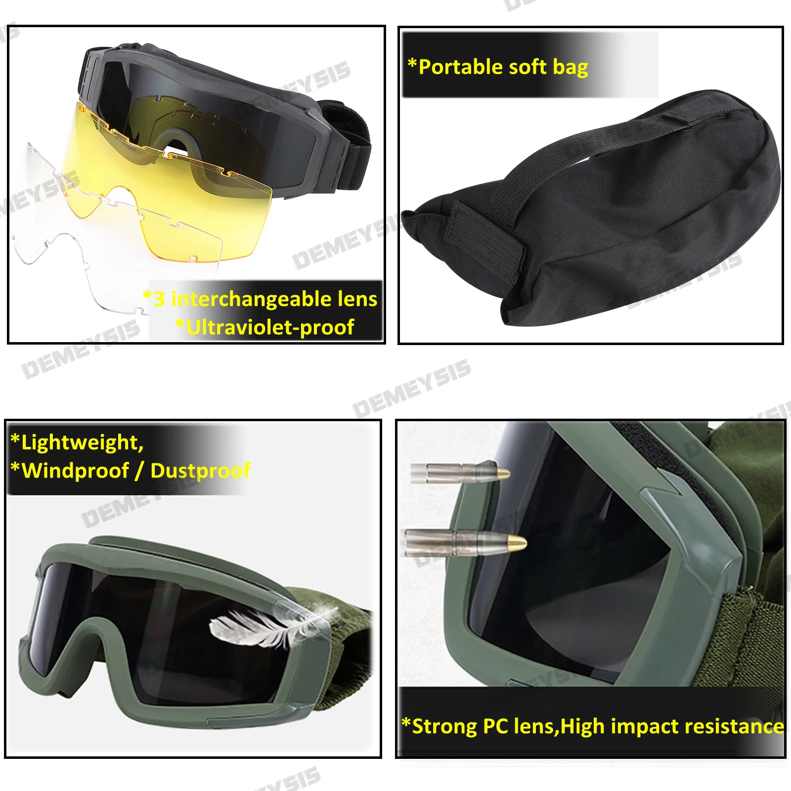 Airsoft Tactical Goggles Shooting Glasses Motorcycle Windproof Paintball CS Wargame Hiking 3 Lens Black Tan Green