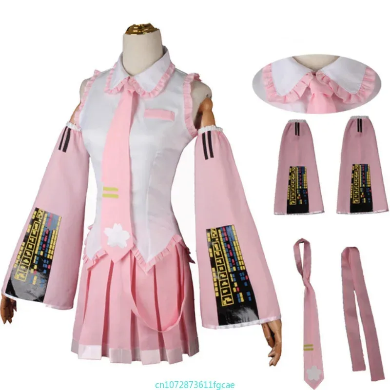 qq023Anime Beginner Future Sakura Vocaloid Miku Pink Midi Dress Cosplay Costume Girl Skirt Wig Uniform Women Carnival Party Dres