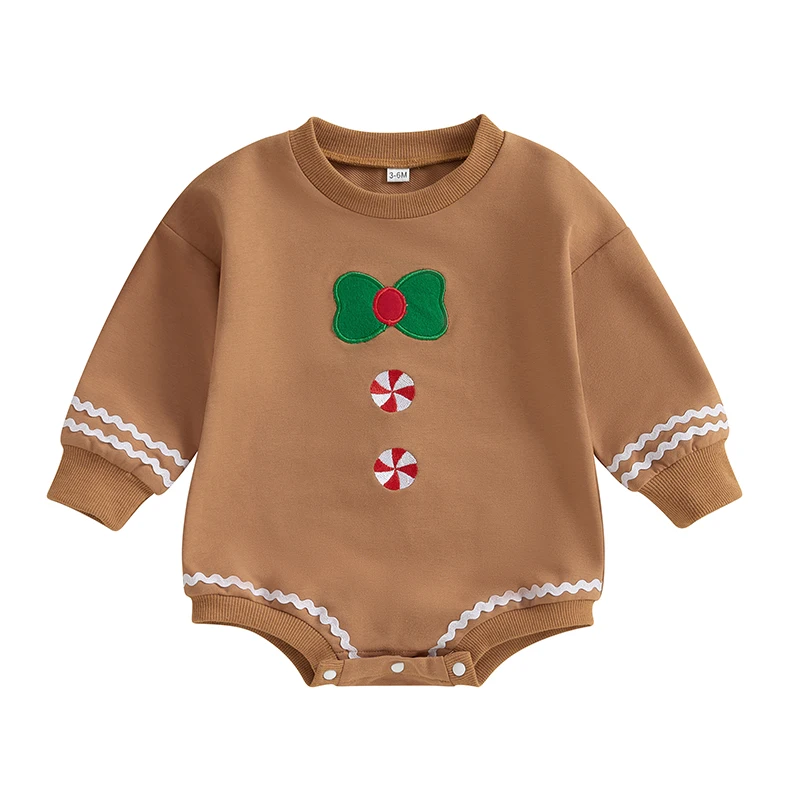 Toddler Baby Christmas Sweatshirt Romper Casual Candy Gingerbread Pattern Long Sleeve Jumpsuit for Newborn Cute Clothes