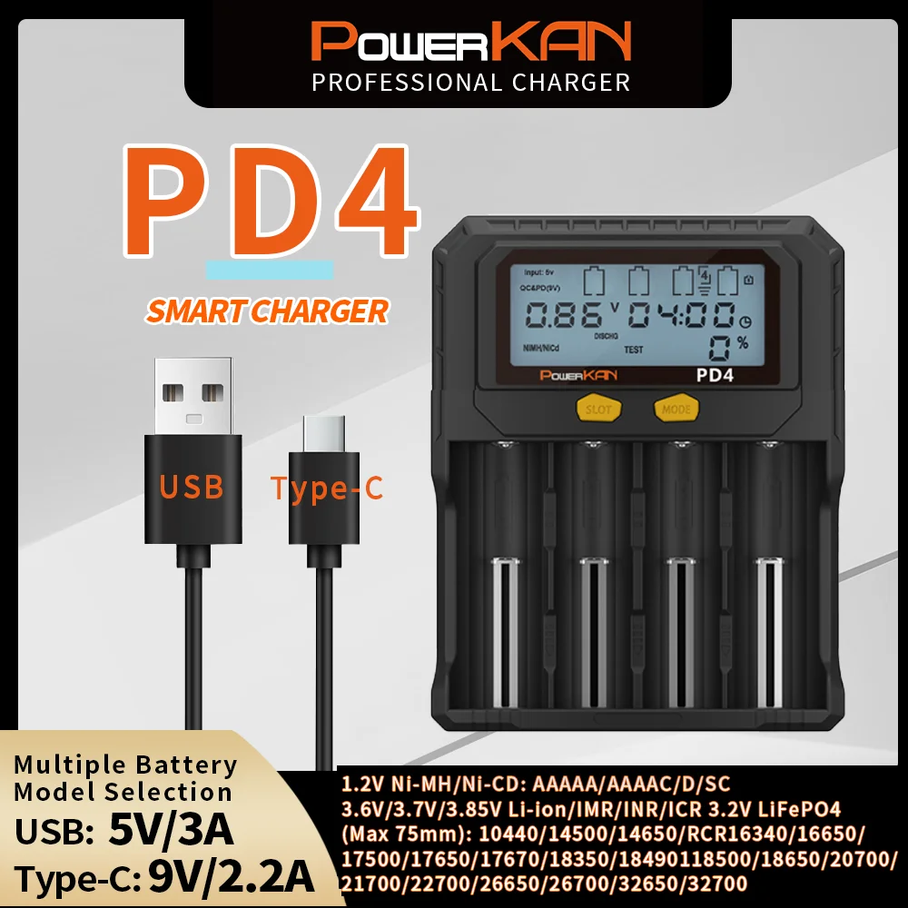 

POWERKAN PD4 IMR INR ICR 14500/18650/26650/21700/lifepo4 Universal Battery Charger Fast Charge Rechargeable Batteries Type C