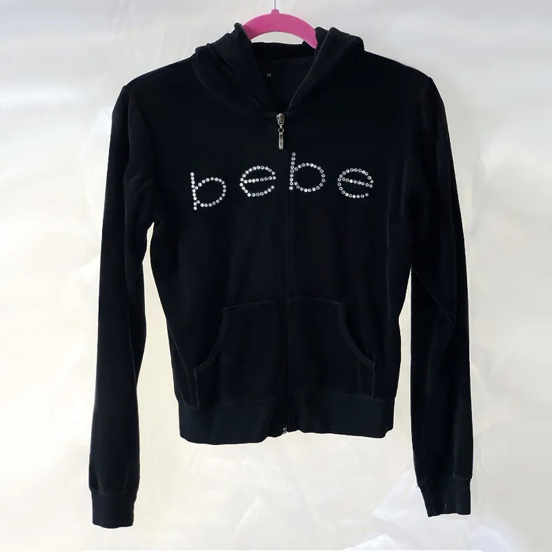 Y2K Rhinestone Bebe Print Long Sleeve Short Hoodie Women American Sweatshirt Hip Hop Zip Up Jacket Harajuku Vintage Men Clothing