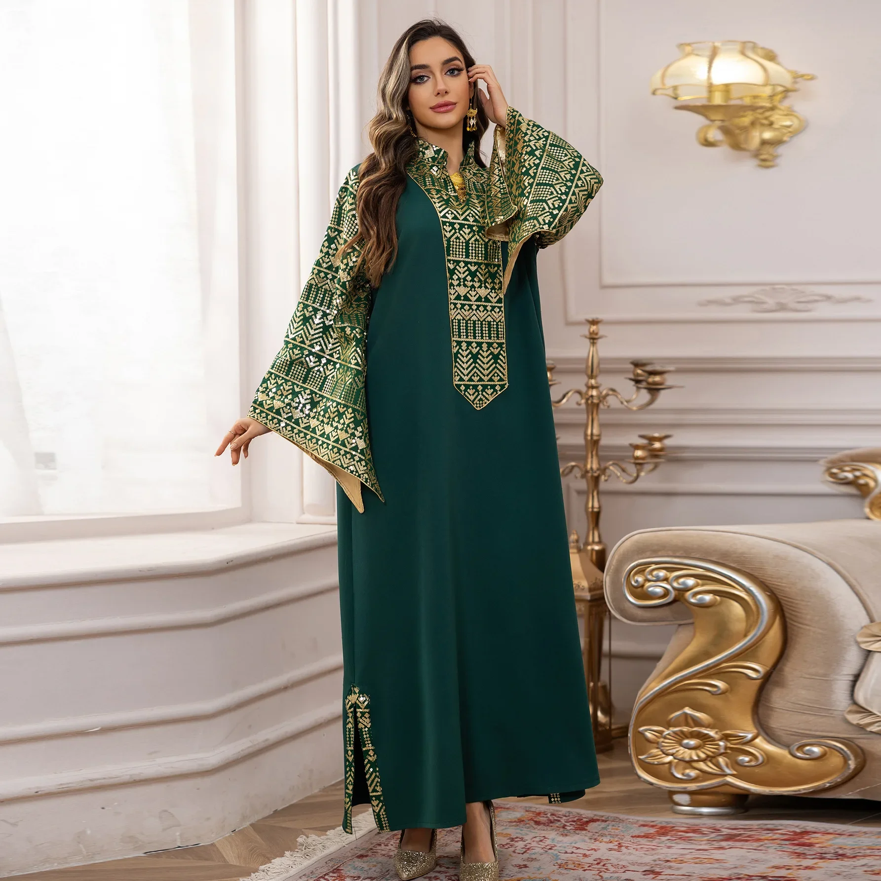 Eid Mubarak Djellaba Donne Paillettes Maxi Vestito Musulmano Abaya Turchia Caftano Ramadan Islam Golfo Jalabiya Caftano Femme Musulmane Robe