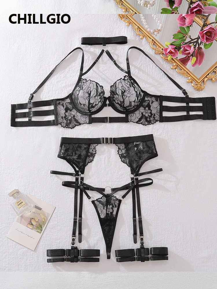 

CHILLGIO Hot Lingeries Sets for Woman Flower Embroidery Sexy Bras Heavy Process Design Steel Ring Halter Underwear Panties Sets