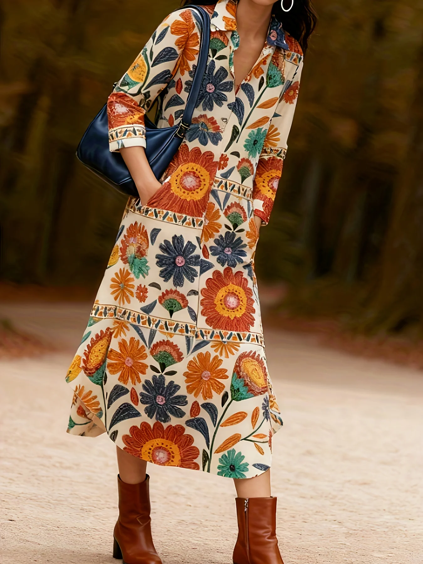 Retro Blumenmuster Langarm-Kleid für Damen Vintage A-Linien Midikleid Lässige Bürokleidung Frühling Sommer Modekleid