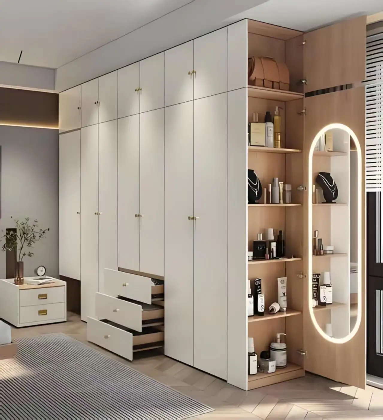 $%Premium Quality Custom Bedroom Wardrobe 6 Door Storage Sliding Wooden Bedroom Wardrobe with Mirror Drawers