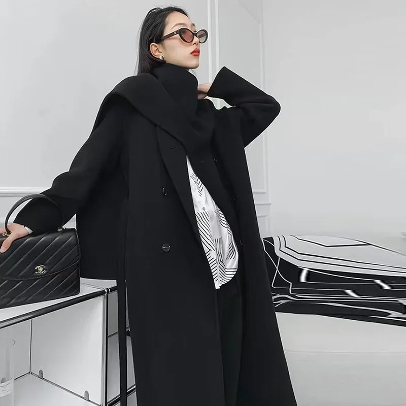 New Hand-sewn Cashmere Wool Coat Women New Mid-length Big Scarf Collar Loose Lace-up Warm Double-sided Wool Coat Fashion Winter