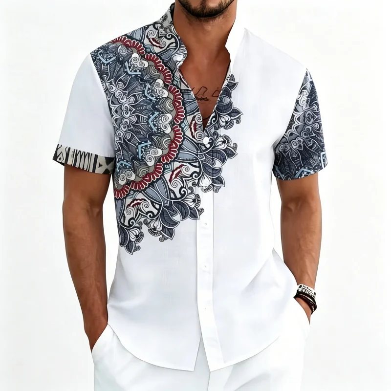 

Men's shirt short sleeved shirt Bohemian style printed stand up collar shirt casual vacation style top comfortable fabric XS-6XL