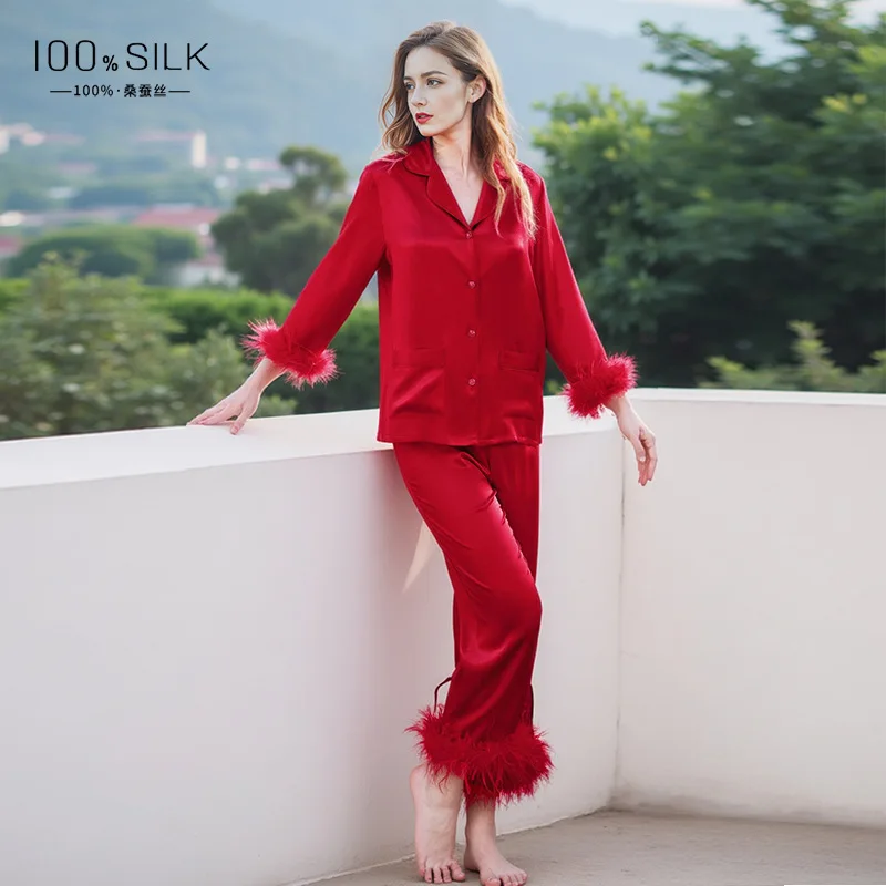 19MM 100% Mulberry Silk Women's Autumn and Winter Long Sleeve Trousers Sexy Pajamas Two Piece Set with Detachable Feather Cuff