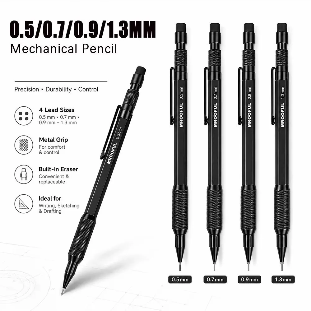 Metal Mechanical Pencil 0.5/0.7/0.9/1.3mm Low Center of Gravity Automatic Pencils with Built-in Eraser Sketching Pencil Students