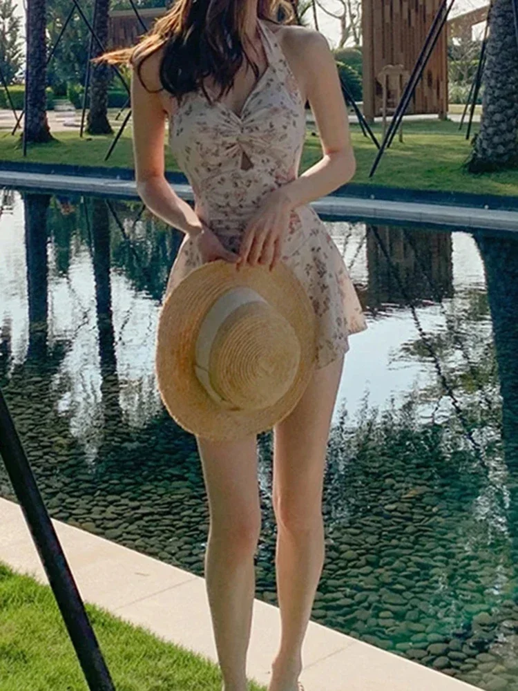 High Waist Bathing Suit Women's Dress Swimsuit Beach Wear Swim Suit Sweet Cute One-piece Women Hanging Neck Swimwear Beach Suit