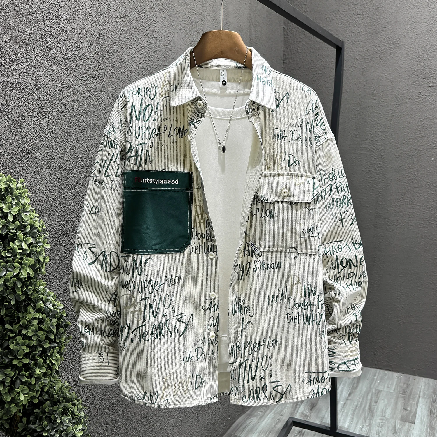 Jesienna moda Vintage Printed Cargo Coat Cotton Lapel Long-Sleeved Shirt Shirt Men Senior Handsome Spring