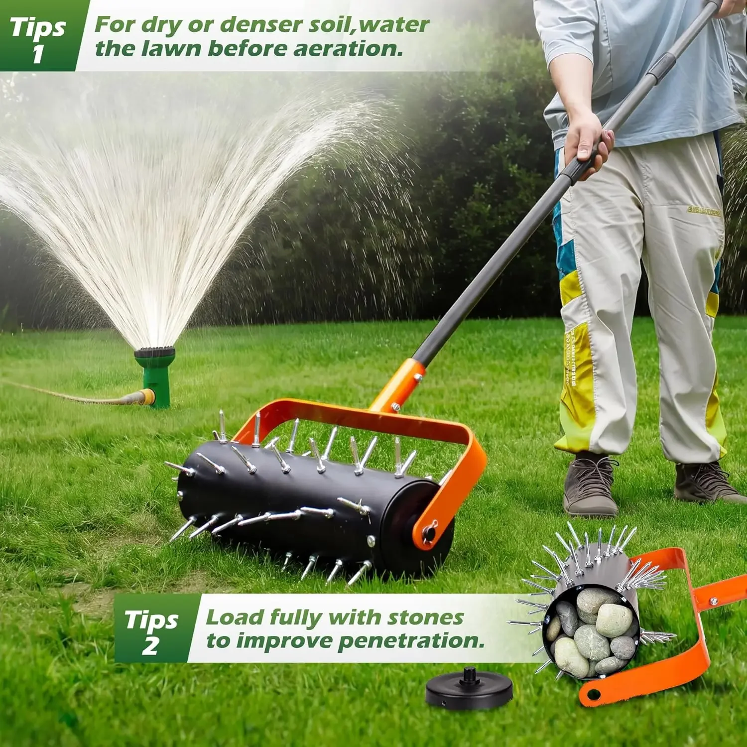 Rolling Lawn Aerator, Heavy Duty Manual Aerator Tool with 42 Spikes, Lawn Spike Aerator Roller with 71" Adjustable Handle - view 6