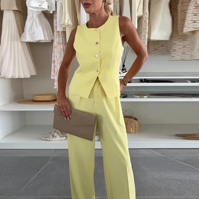 أنيقة الصلبة الأعلى السترة وبنطلون واسعة الساق دعوى عادية أكمام زر جيب س الرقبة مكتب الزي مثير فضفاض المرأة 2 قطعة مجموعة #6