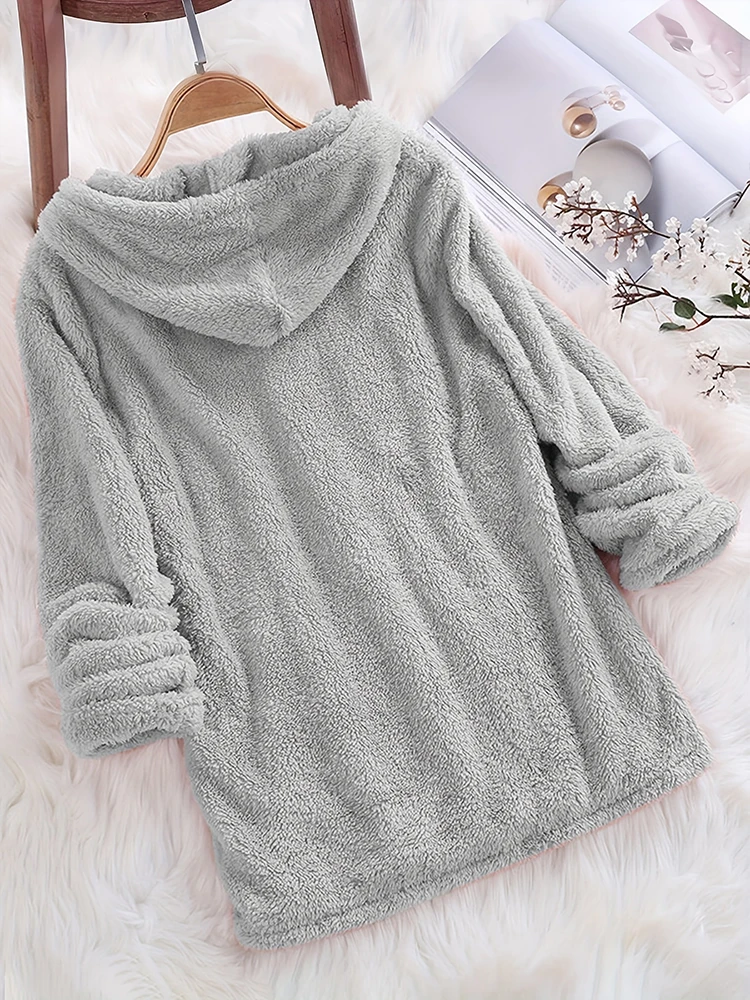 

Fleece Solid Colour Hoodie Casual Long-Sleeved Hooded Sweatshirt Women's Autumn And Winter New Models 2024 Warm Solid Colour