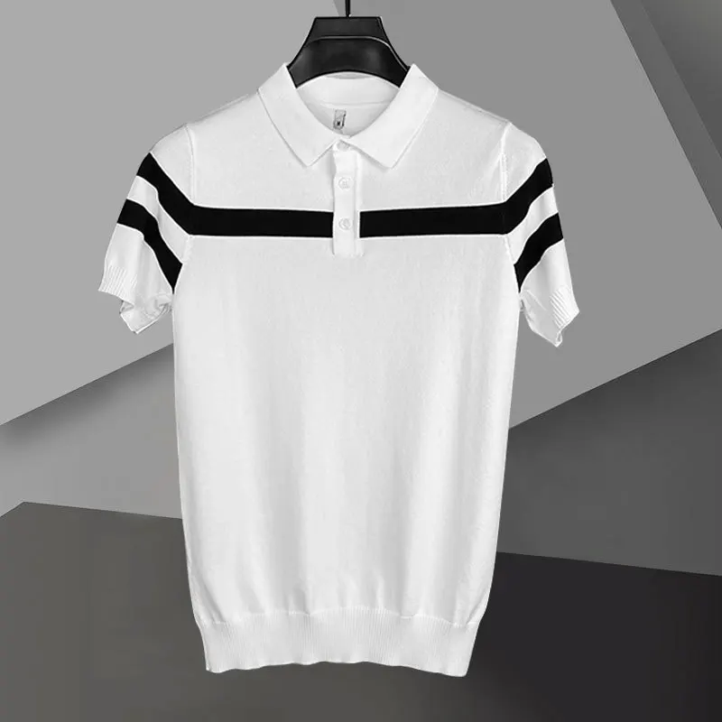 Quality Knitted Top Stripe Color Matching Knitted Polo Shirt Summer Personalized Contrast Stitching Lapel Short Sleeve Tshirt