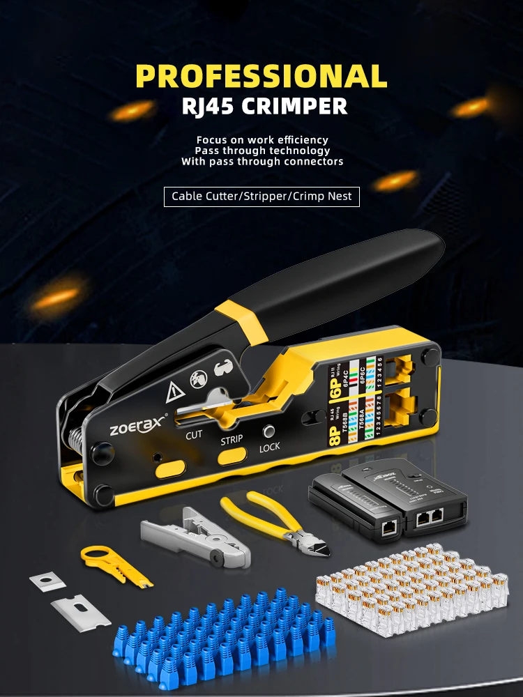 ZoeRax 8 in 1 RJ45 Cat6 Cat5e Crimpwerkzeug-Set RJ45 Crimpzange, Kabeltester, Drahtschneider, Klingen, 50 Stück Cat6-Steckverbinder und Stiefel – Detail 1