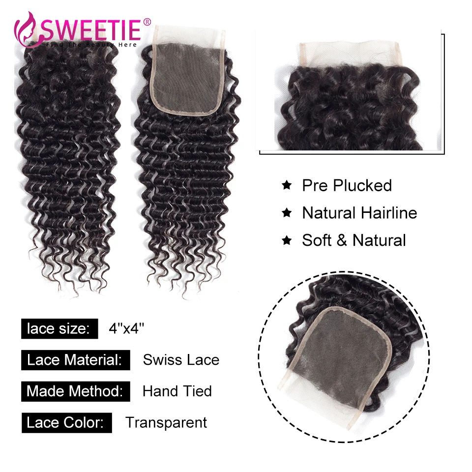 4x4 Deep Wave Closure 100% Human Hair Lace Closure Natural Color Remy Hair Extensions Brazilian Transparent Lace Frontal