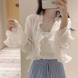 Cárdigan de gasa de estilo coreano para mujer, Tops cortos versátiles con volantes, manga acampanada, Color sólido, Verano