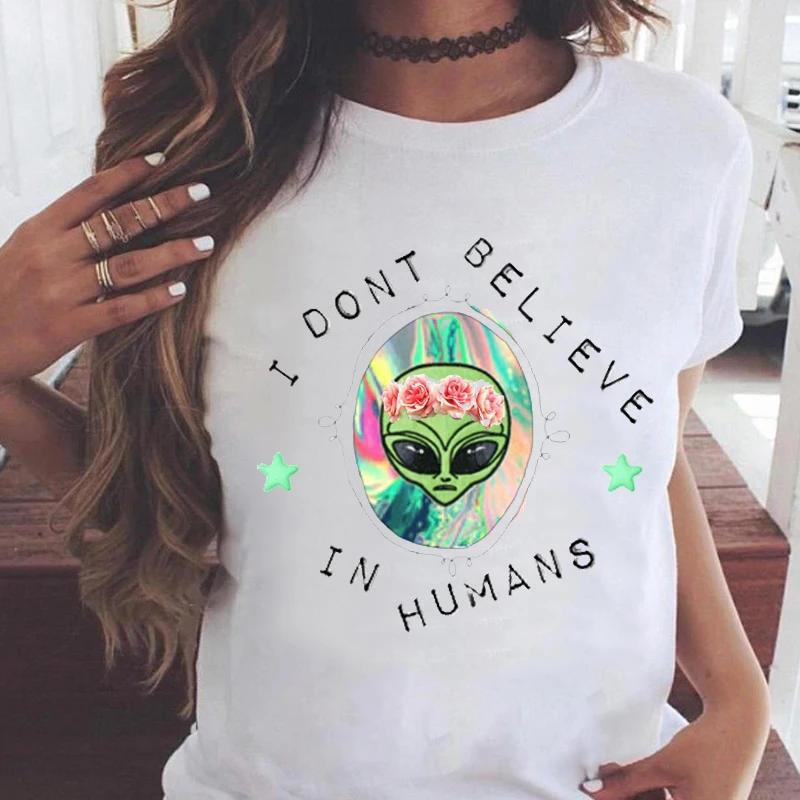 

Women Graphic Floral Flower Alien Short Sleeve Cute 90s Summer Casual Fashion Print Wear Vacation Tops Tees Tshirt T-Shirt