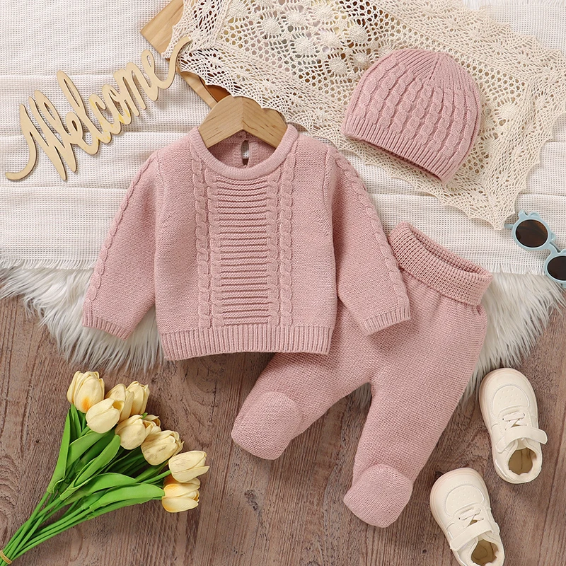 

Осенний комплект одежды для малышей, вязаный пуловер для малышей, брюки, капот, От 0 до 9 месяцев, 3 шт., свитер для маленьких мальчиков + штаны + шапка с длинными рукавами, теплая шапка для новорожденных