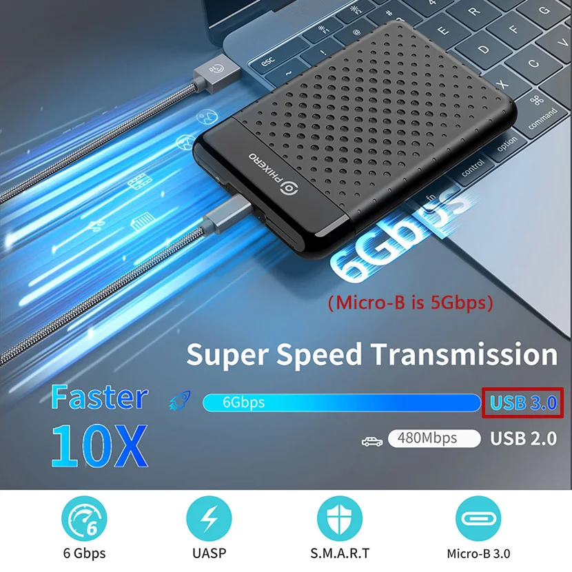 PHIXERO HD Externo USB 3.0 SATA 인클로저 SSD 하드 드라이브 외장 케이스, PC Macbooc 노트북용 디스크 보관함, 5Gbps 7mm 9.5mm