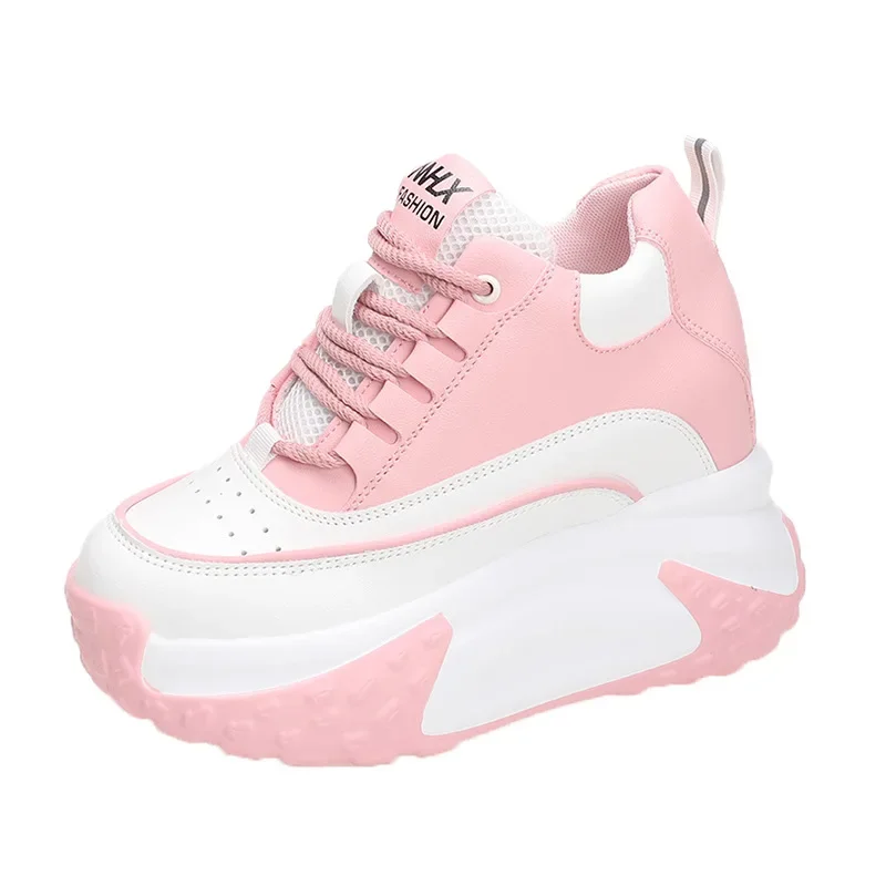 Women Platform Breathable Leather Shoes New Autumn Chunky Sneakers 10CM Wedge Hidden Heels Leisure Sports Casual Dad Shoes Woman image 2