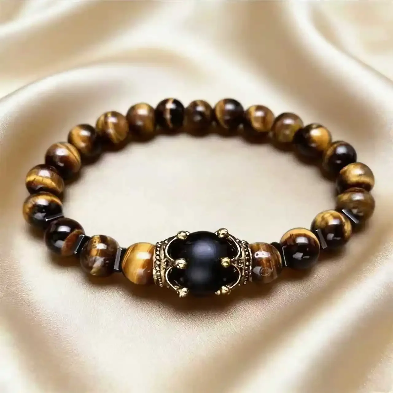 Herren Vintage Power Crown Armband, Natürliches Tigerauge & Hämatit Steinperlen-Armband, Modeschmuck Geschenk für Freunde – Detail 4