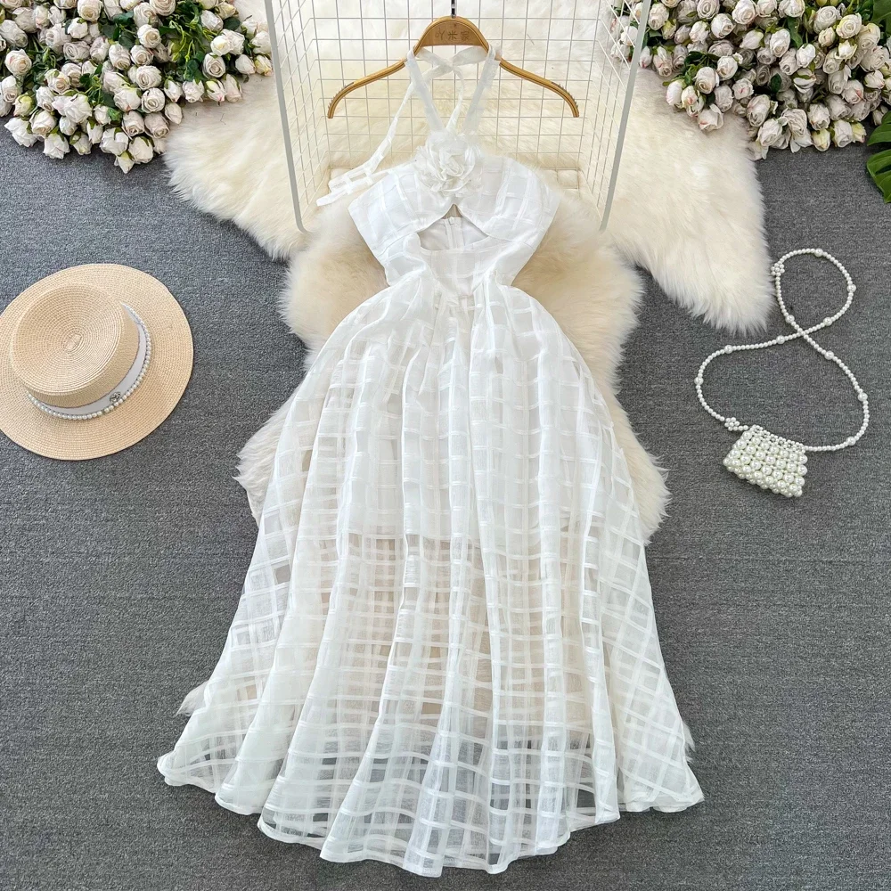 Summer Long White Beach Dress for Women Hole Halter Neck Openwork Waist Sleeveless Vacation Holiday Vestidos Elegant New In 2023